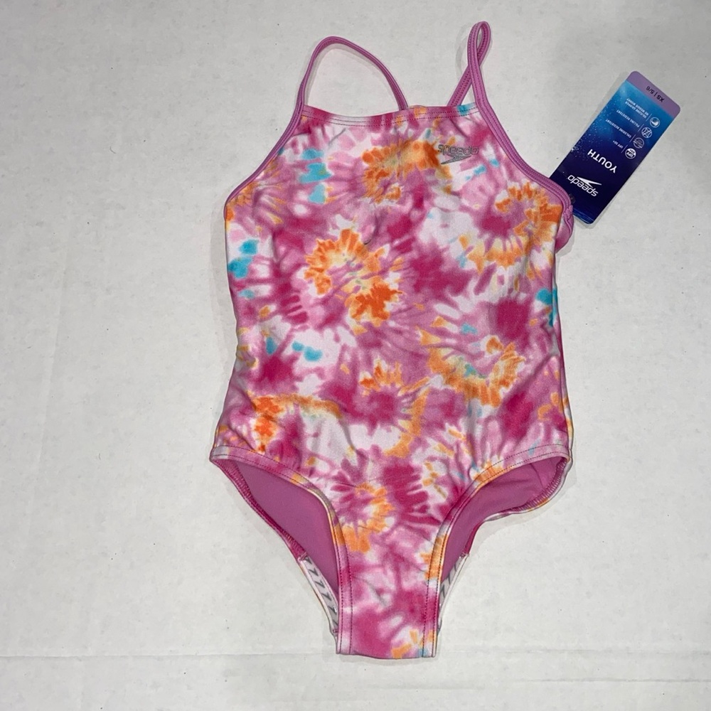 Speedo Girls Swimsuit Bathing Suit Tie Dye One Piece Pink Orange Size XS 5/6